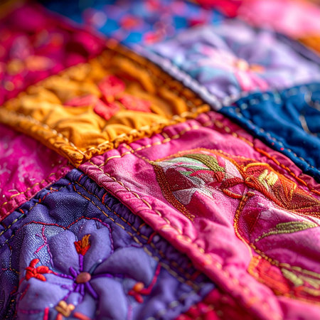 A close-up view reveals the intricate stitching and vibrant colors of a handmade patchwork quilt.の素材