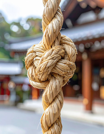 A close-up view captures the intricate details and immense strength of a traditional sacred rope knot, known as a shimenawa.の素材