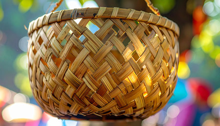 A beautifully handcrafted woven basket hangs in the soft light, its intricate natural fibers on display.の素材