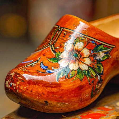 A close-up view captures the intricate, hand-painted floral details on a traditional Dutch wooden clog.の素材