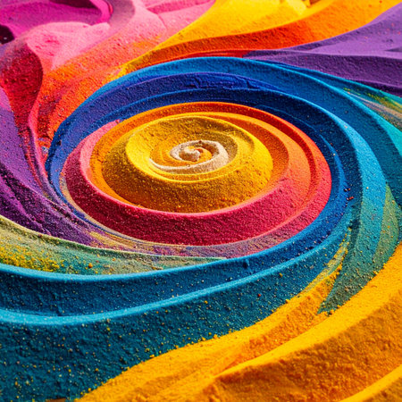 A mesmerizing vortex of vibrant, multicolored sand or powder swirls into a hypnotic spiral.の素材