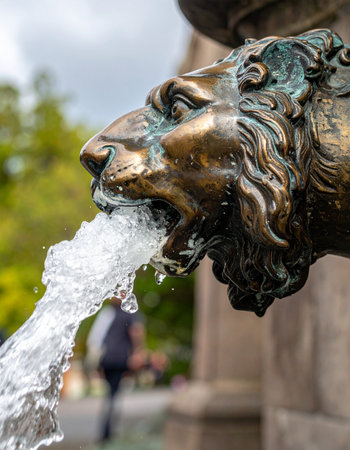 A close-up of a majestic bronze lion head, an ornate detail of a classic public fountain.の素材