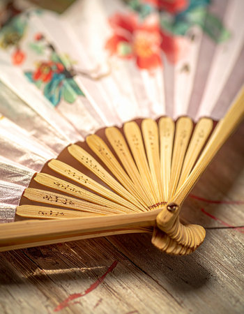 A beautifully crafted Japanese folding fan rests on a weathered wooden table.の素材