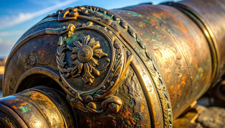 A close-up view reveals the intricate, ornate crest on a historic bronze cannon.の素材