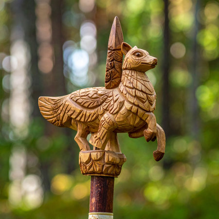 A beautifully handcrafted wooden staff is topped with a mythical winged deer, a creature of folklore and fantasy.の素材