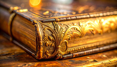 In the soft glow of a hidden library, an ancient tome rests, its gilded cover intricately embossed with forgotten symbols.の素材
