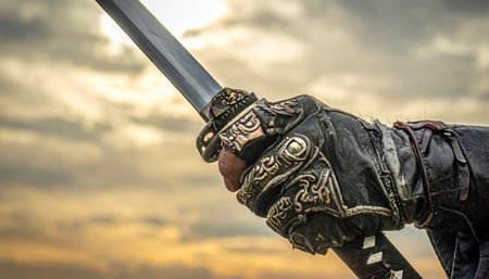 A warrior stands ready as the sun sets, their gloved hand firmly gripping the hilt of a traditional katana.の素材