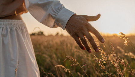 A woman's hand gently brushes through a field of tall, golden grass as the setting sun casts a warm, ethereal glow.の素材