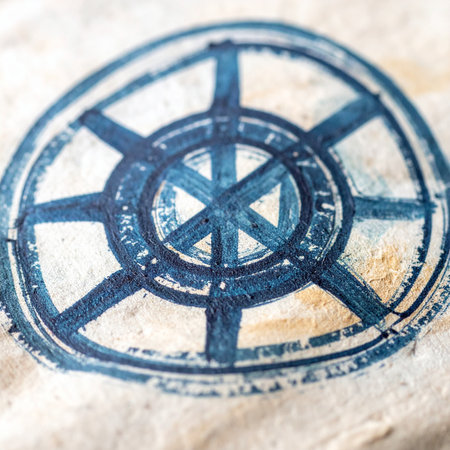 A mysterious blue symbol, reminiscent of an ancient wheel or esoteric sigil, is stamped onto a rough, weathered stone surface.の素材