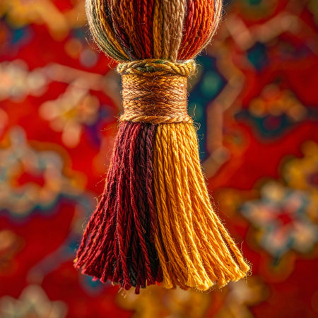 A close-up detail of a handcrafted, multi-colored yarn tassel, showcasing intricate texture and warm, inviting tones.の素材