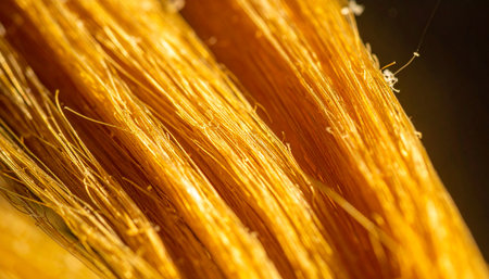 An extreme macro photograph captures the intricate details of natural golden fibers.の素材