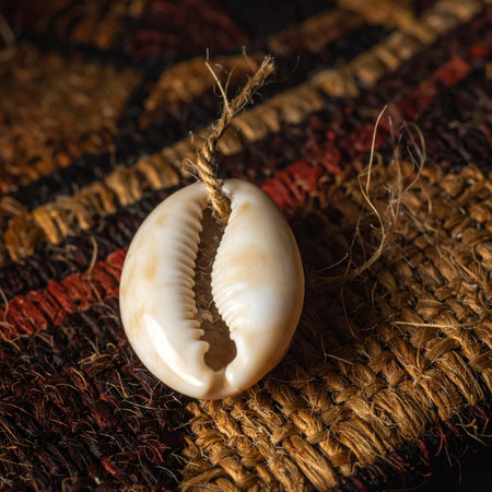 A single, ancient cowrie shell, once a form of currency in distant lands, rests upon a coarse, hand-woven tribal fabric.の素材