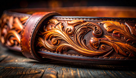 A close-up view reveals the incredible detail of a hand-tooled leather belt, its intricate floral patterns glowing under warm light.の素材