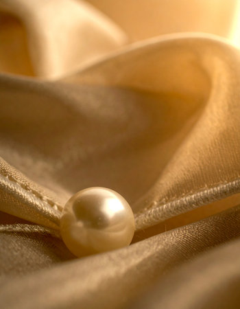 A single, perfect pearl rests gently within the soft, shimmering folds of golden silk. The warm light catches its lustrous surface, creating a scene of timeless elegance, luxury, and delicate beauty.の素材