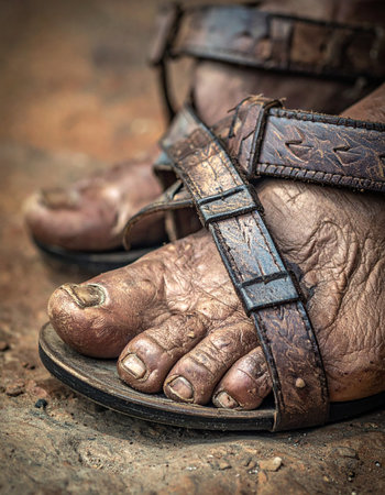 A close-up view of weathered, tired feet in ancient leather sandals, resting on a stone path.の素材