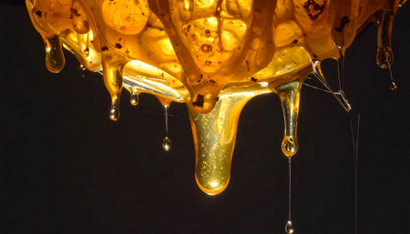 Thick, golden honey drips slowly from a natural honeycomb, its rich, amber color glowing against a dark background.の素材