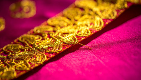 A close-up view reveals the exquisite detail of golden Zari embroidery on a vibrant pink silk sari.の素材
