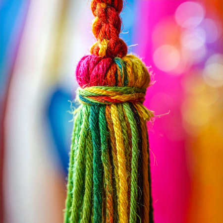 A close-up view captures the intricate details and vibrant threads of a handmade tassel.の素材