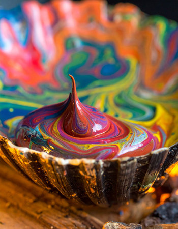 A dollop of pure creative potential rests in a natural abalone shell, its vibrant colors swirling together in a hypnotic dance.の素材