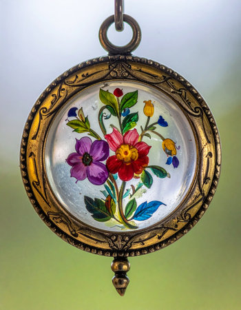 A timeless piece of history hangs suspended, its hand-painted floral bouquet captured under glass.の素材