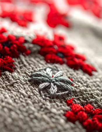 A macro view reveals the intricate beauty of handmade embroidery.の素材