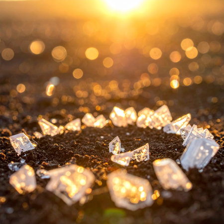 A circle of broken glass shards rests on the dark earth, each piece catching the last rays of a golden sunset.の素材