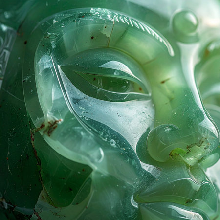 A macro photograph captures the serene and ethereal beauty of a carved jade face.の素材