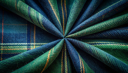A close-up view of a traditional Scottish tartan, folded to create a dramatic radial pattern.の素材