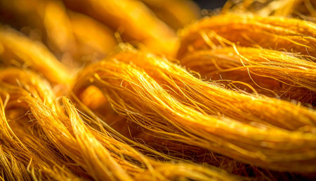 A mesmerizing macro view captures the intricate beauty of raw golden silk fibers.の素材