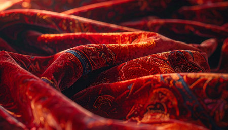 Soft folds of rich, red velvet catch the warm light, revealing an intricate, subtle pattern within the plush fabric.の素材