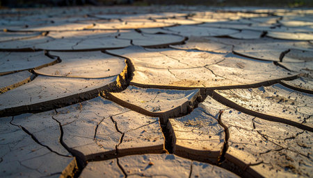 As the sun sets, its golden rays cast long shadows across the parched, deeply cracked earth.の素材