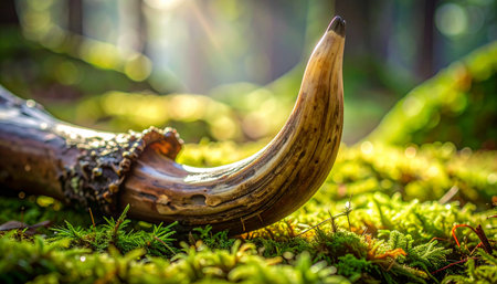 A shed deer antler, a forgotten treasure from the wild, rests peacefully on a vibrant bed of green moss.の素材