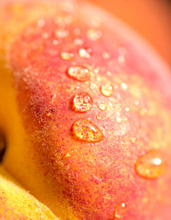A macro perspective captures the delicate, fuzzy skin of a ripe summer peach, adorned with glistening droplets of morning dew.の素材