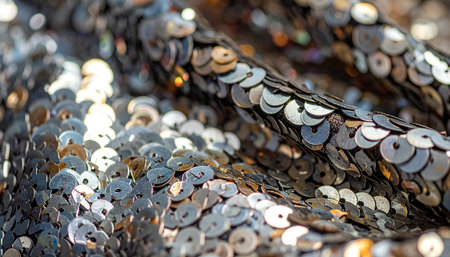 A macro view of shimmering silver sequin fabric, where each metallic disc catches the light to create a dazzling, sparkling effect.の素材