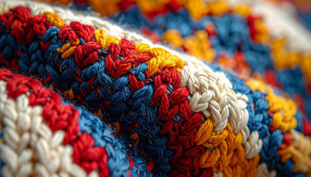 A close-up view reveals the intricate stitches and vibrant colors of a handmade crochet blanket.の素材