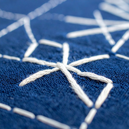 A macro photograph capturing the intricate detail of traditional Japanese Sashiko embroidery.の素材