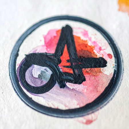 A bold, black abstract symbol is painted with thick, expressive strokes over a chaotic splash of pink and red watercolor.の素材