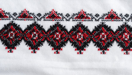 A detailed macro view of a traditional Ukrainian vyshyvanka, showcasing the intricate hand-stitched cross-stitch pattern.の素材