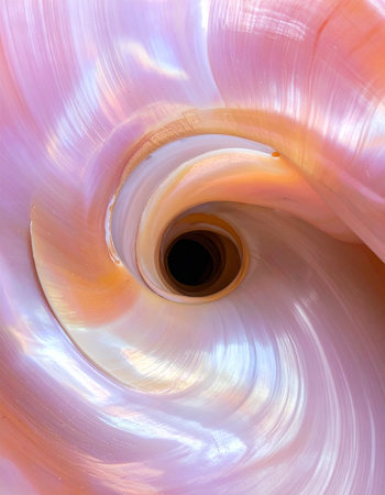 A mesmerizing macro view into the heart of a seashell, revealing a hypnotic spiral of iridescent nacre.の素材