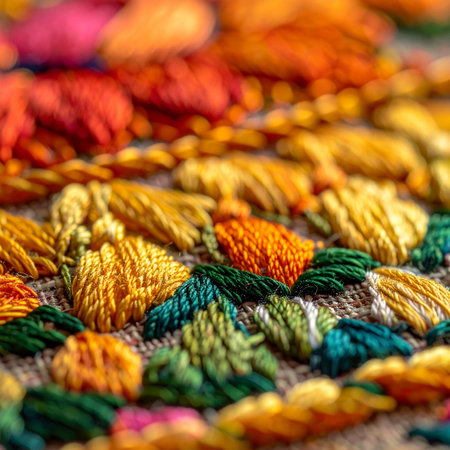 A detailed macro perspective reveals the intricate beauty of handcrafted embroidery.の素材