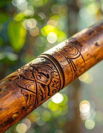 A close-up reveals the soul of an ancient culture, with intricate tribal patterns hand-carved into the warm wood of a traditional didgeridoo.の素材