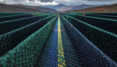 A low-angle perspective shot captures the immense scale of an aquaculture farm, with endless rows of nets creating powerful leading lines that draw the eye towards a distant, hazy mountain range.の素材