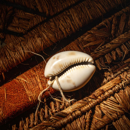 A single cowrie shell, once a form of currency in ancient cultures, rests on a bed of woven natural fibers.の素材