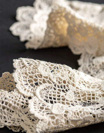 A close-up view reveals the delicate, intricate patterns of vintage handmade lace.の素材