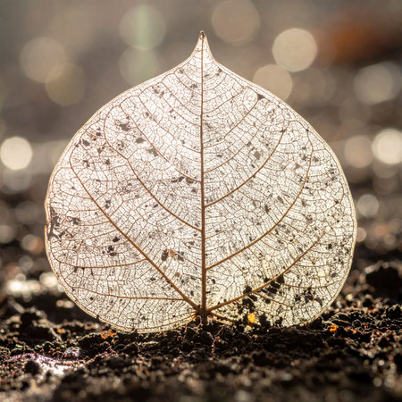 A delicate skeleton leaf stands against the morning light, its intricate network of veins beautifully preserved.の素材