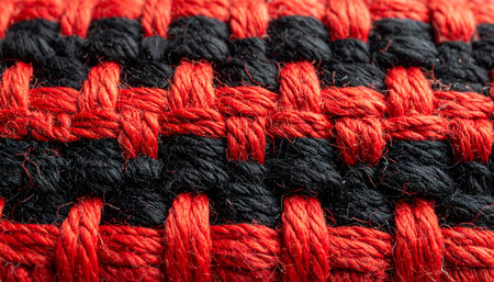 A macro perspective reveals the intricate and orderly world of woven fibers. Bold red and black threads interlace with precision, creating a strong, durable textile.の素材