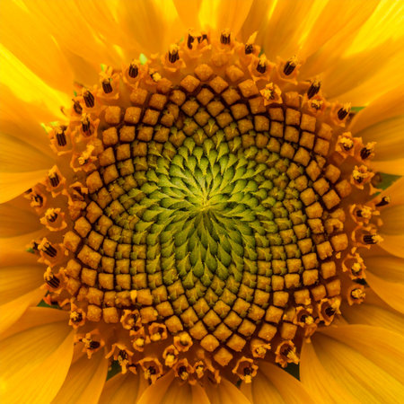 A mesmerizing macro photograph capturing the heart of a sunflower, where nature's artistry is revealed in a perfect Fibonacci spiral.の素材