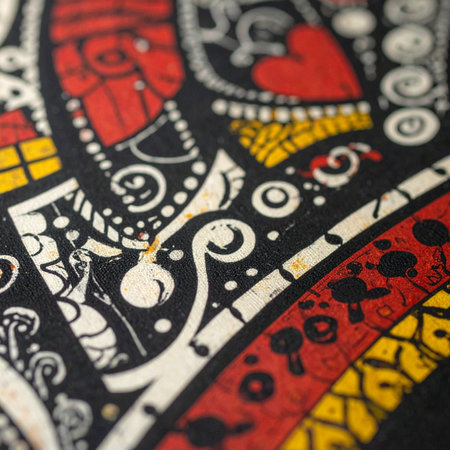 A close-up view reveals the intricate details and rich textures of a traditional batik fabric.の素材