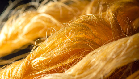 A detailed macro photograph captures the intricate beauty of raw golden silk threads.の素材