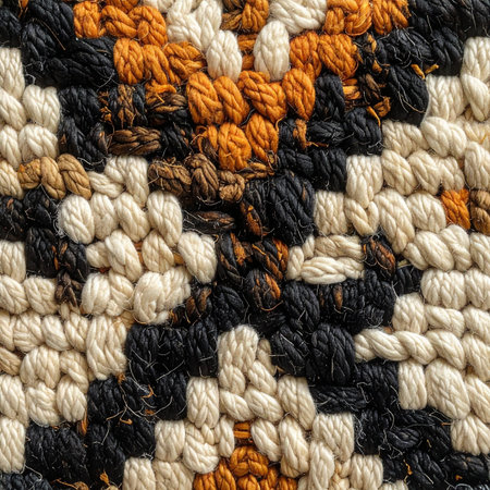 A detailed macro view captures the rich texture and intricate craftsmanship of a hand-woven textile.の素材